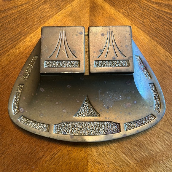 Antique Geschutzt Real Bronze Double Inkwell Set Art Nouveau - Picture 1 of 9